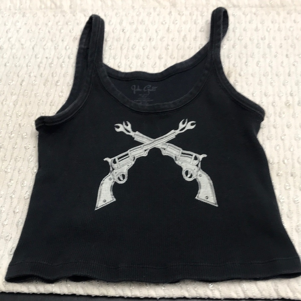 Brandy Melville Black Tank Top with Crossed Pistol Graphic